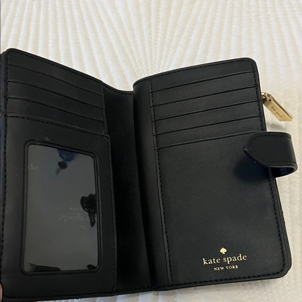 kate spade Quilted Black Leather Compact Wallet with Gold Logo - Picture 5 of 9
